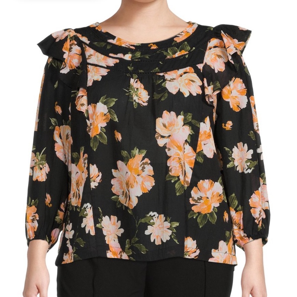 Terra & Sky Woman’s Plus Size Ladder Trim Ruffle Blouse